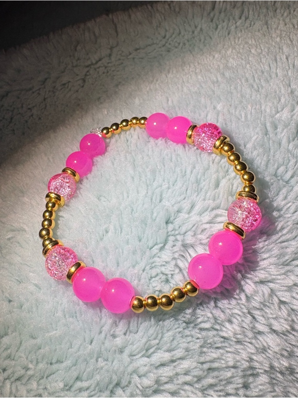 Pink Beaded Stretch Bracelet with Gold Accents